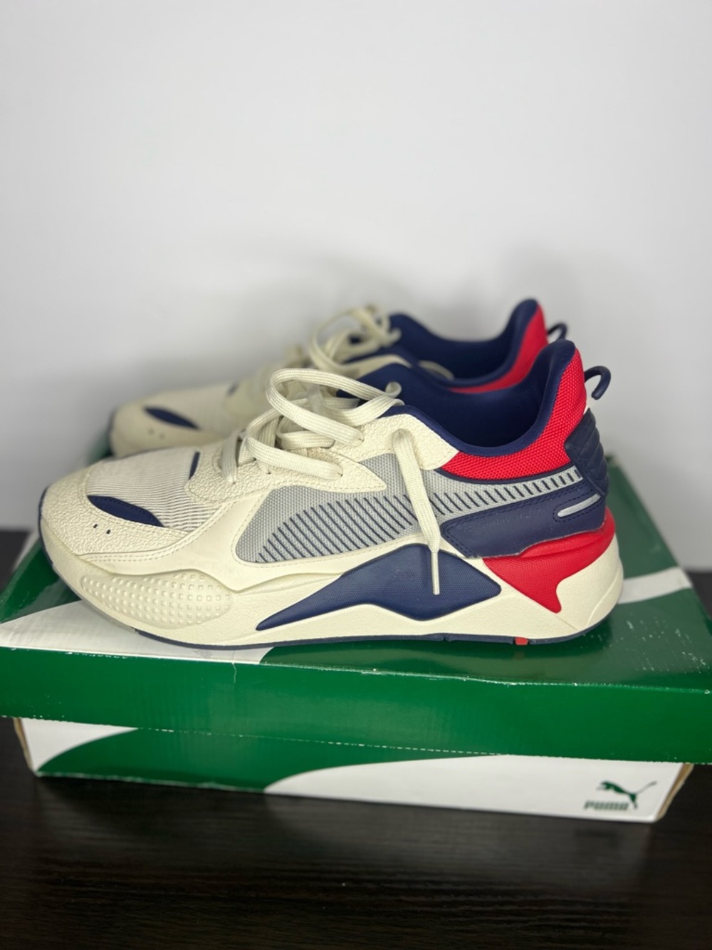 Mens PUMA RS-x Athletic Sneakers in Cream, Navy & Red